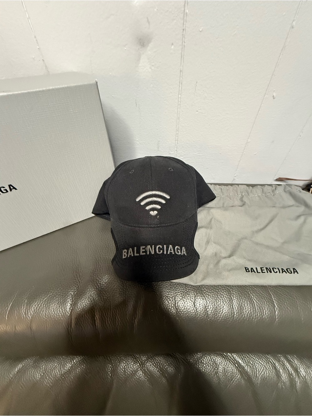 Balenciaga Black Cap with White WiFi Motif with box and dust bag